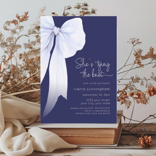 Blue She's Tying the Knot Bow Bridal Shower Invitation (Creator Uploaded)