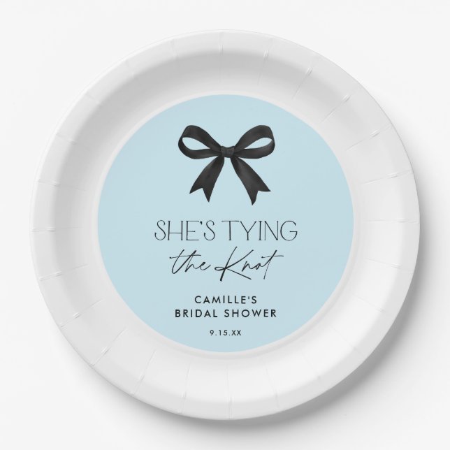 Blue She's Tying The Knot Bow Wedding Shower Paper Plates (Front)