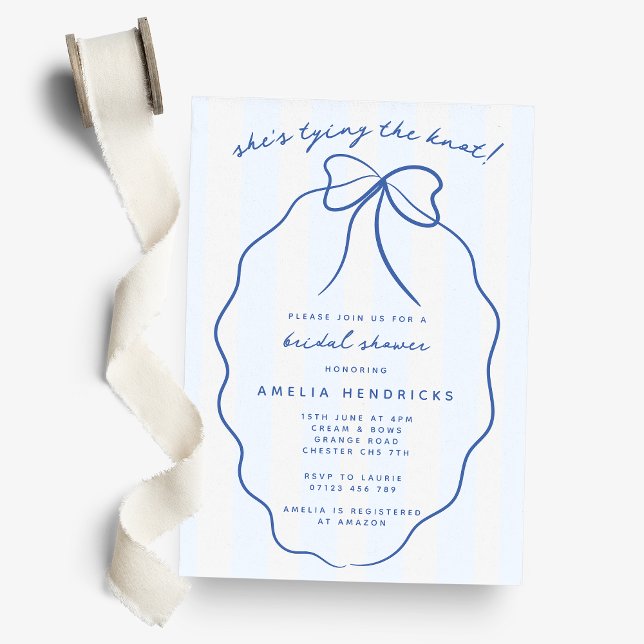 Blue She's Tying the Knot Doodle Bow Bridal Shower Invitation (Creator Uploaded)