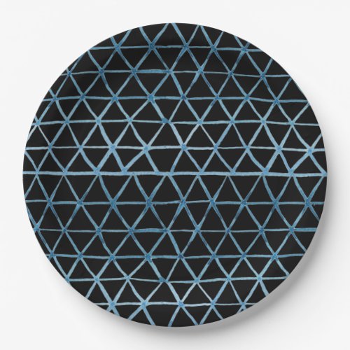 Blue Shibori watercolor net pattern on black Paper Plates