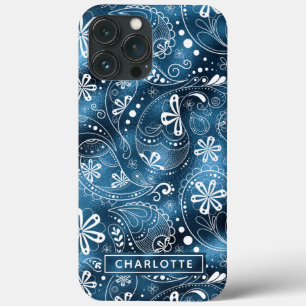 Blue Shimmer Modern Girly Paisley Personalized iPhone 13 Pro Max Case
