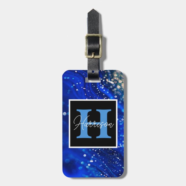 Blue Shimmer Name & Monogram Luggage Tag (Front Vertical)