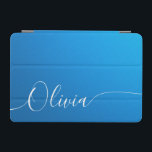 Blue Shimmer White Elegant Calligraphy Script Name iPad Mini Cover<br><div class="desc">Blue Shimmer White Elegant Calligraphy Script Custom Personalized Add Your Own Name iPad Air Cover features a modern and trendy simple and stylish design with your personalized name or initials in elegant hand written calligraphy script typography on a metallic blue shimmer background. Perfect gift for birthday, Christmas, Mother's Day and...</div>