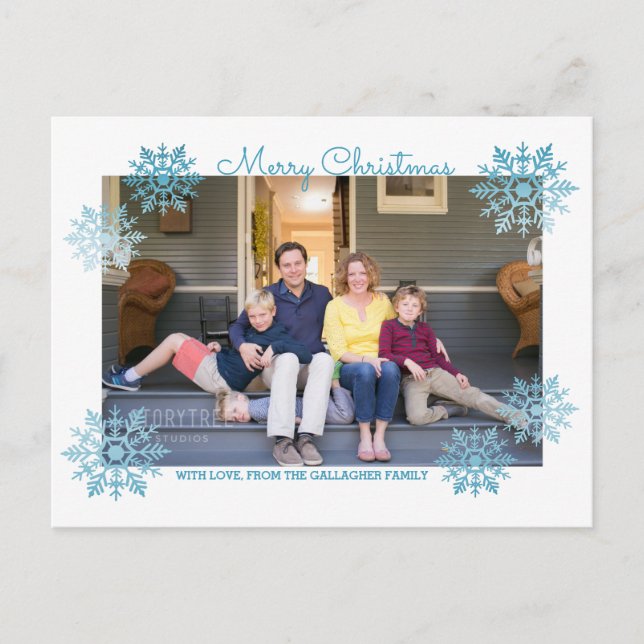 Blue Shimmering Chic Snowflake Holiday Photo Postcard (Front)