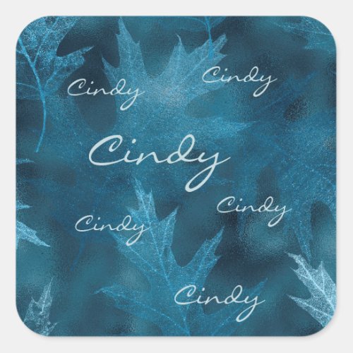 Blue Shimmering Leaves with Repeated Scripty Name Square Sticker