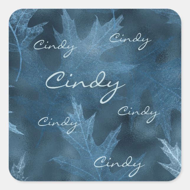 Blue Shimmering Leaves with Repeated Scripty Name Square Sticker (Front)