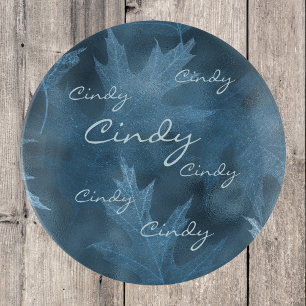 Blue Shimmering Leaves with Repeated Scripty Name Trinket Tray