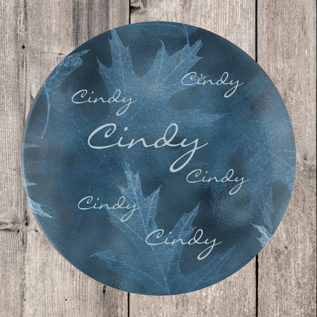 Blue Shimmering Leaves with Repeated Scripty Name Trinket Tray (Creator Uploaded)