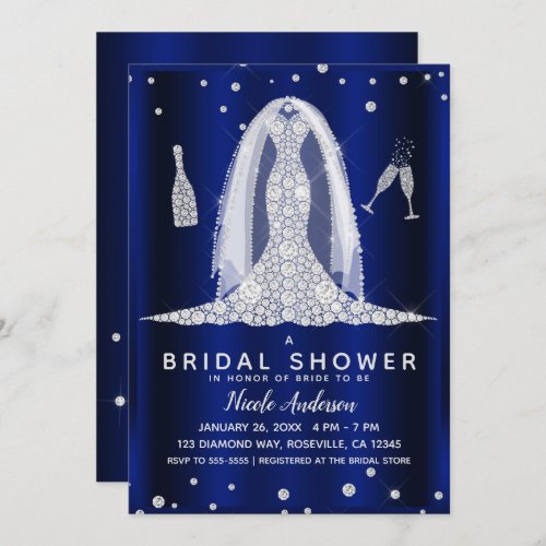 Blue Shine Diamond Wedding Dress Bridal Shower Invitation