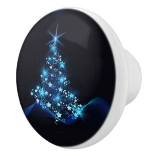 Blue Shine of Stars on Christmas Tree Dark Ceramic Knob