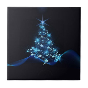 Blue Shine of Stars on Christmas Tree Dark  Ceramic Tile