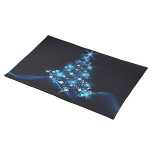 Blue Shine of Stars on Christmas Tree Dark  Cloth Placemat