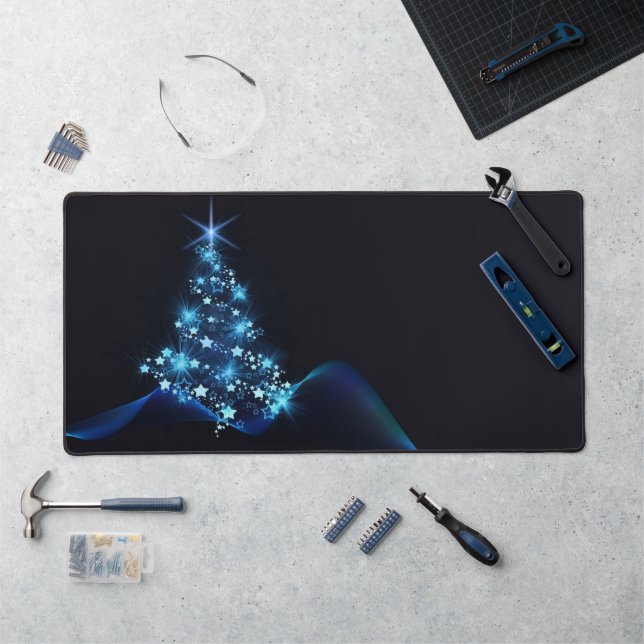 Blue Shine of Stars on Christmas Tree Dark  Desk Mat (Workstation)