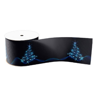 Blue Shine of Stars on Christmas Tree Dark  Grosgrain Ribbon