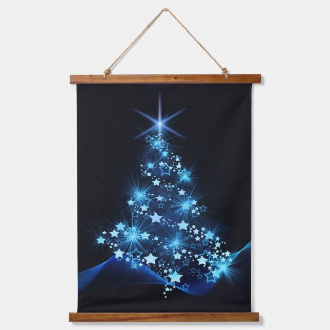 Blue Shine of Stars on Christmas Tree Dark  Hanging Tapestry (Front)