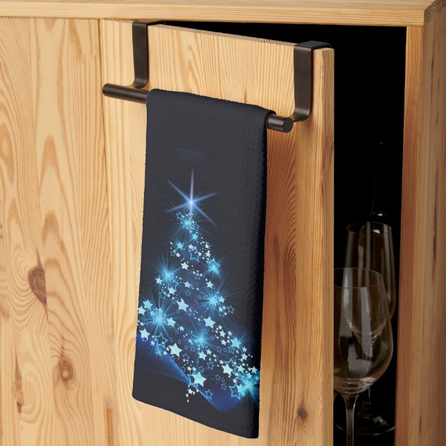 Blue Shine of Stars on Christmas Tree Dark  Kitchen Towel (Thirds Fold)
