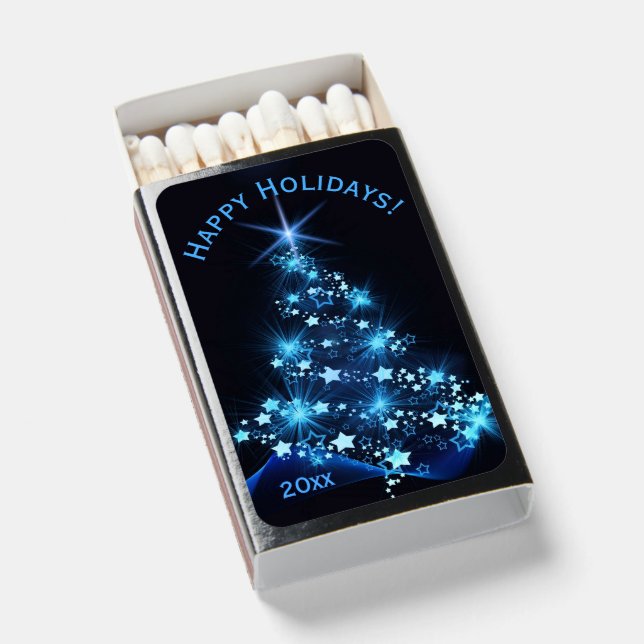 Blue Shine of Stars on Christmas Tree Dark  Matchboxes (Front Open)