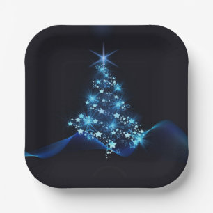 Blue Shine of Stars on Christmas Tree Dark  Paper Plates