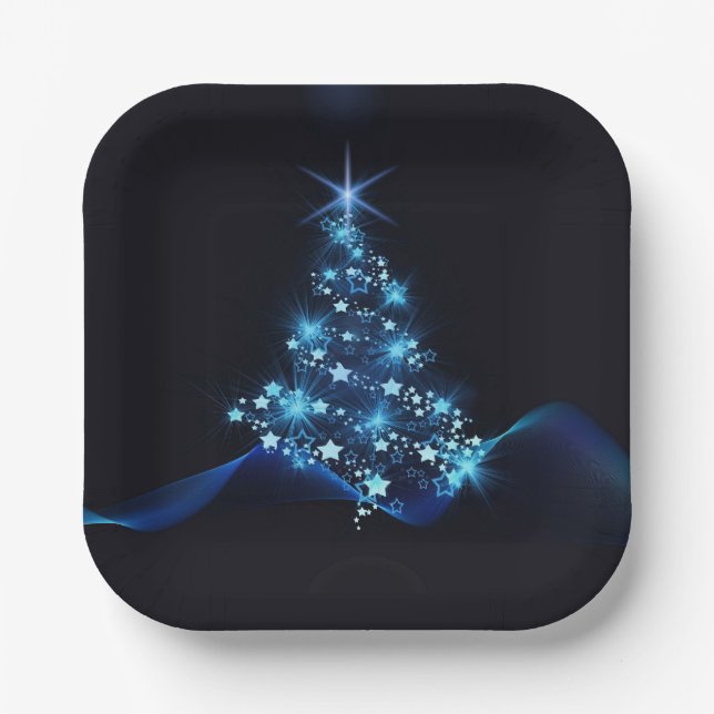 Blue Shine of Stars on Christmas Tree Dark  Paper Plates (Front)