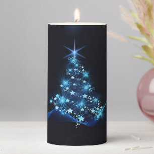 Blue Shine of Stars on Christmas Tree Dark  Pillar Candle