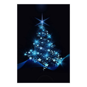 Blue Shine of Stars on Christmas Tree Dark  Poster