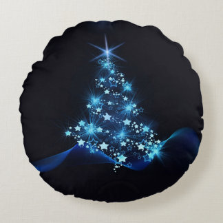 Blue Shine of Stars on Christmas Tree Dark Round Pillow