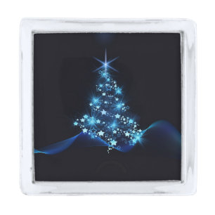 Blue Shine of Stars on Christmas Tree Dark Silver Finish Lapel Pin