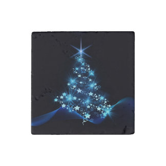 Blue Shine of Stars on Christmas Tree Dark  Stone Magnet