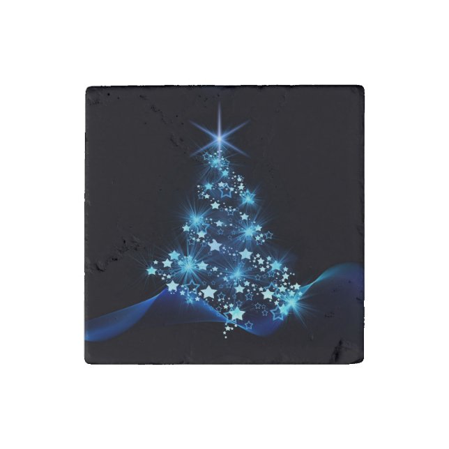Blue Shine of Stars on Christmas Tree Dark  Stone Magnet (Front)