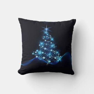 Blue Shine of Stars on Christmas Tree Dark Throw Pillow