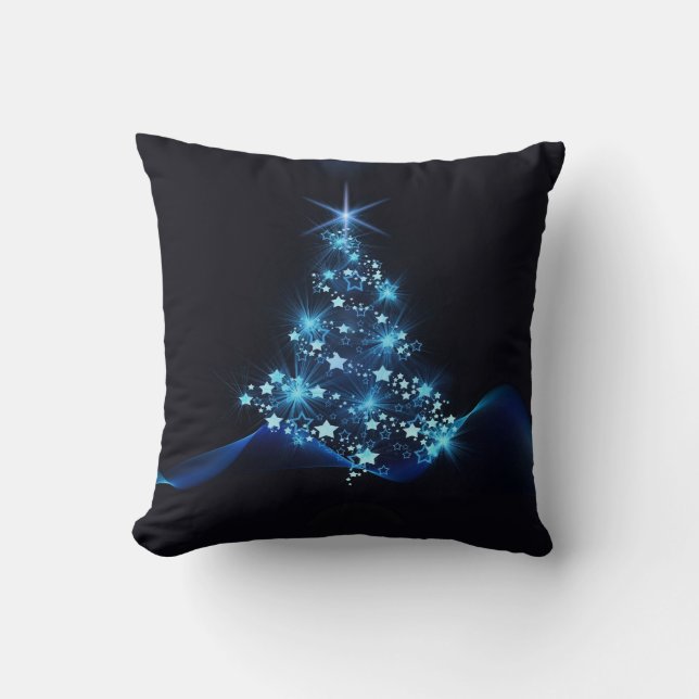 Blue Shine of Stars on Christmas Tree Dark  Throw Pillow (Front)