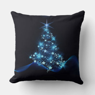 Blue Shine of Stars on Christmas Tree Dark Throw Pillow