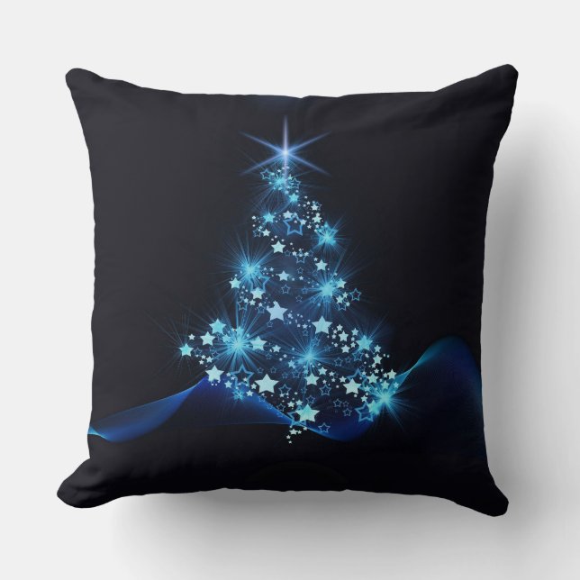 Blue Shine of Stars on Christmas Tree Dark  Throw Pillow (Front)