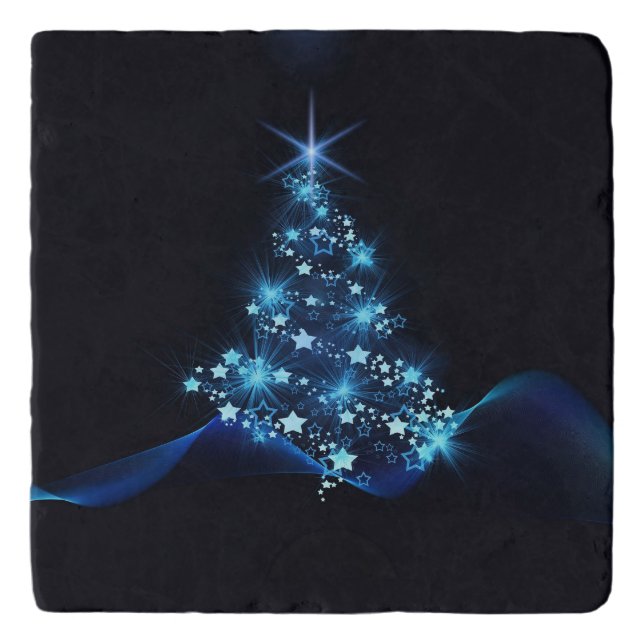 Blue Shine of Stars on Christmas Tree Dark  Trivet (Front)