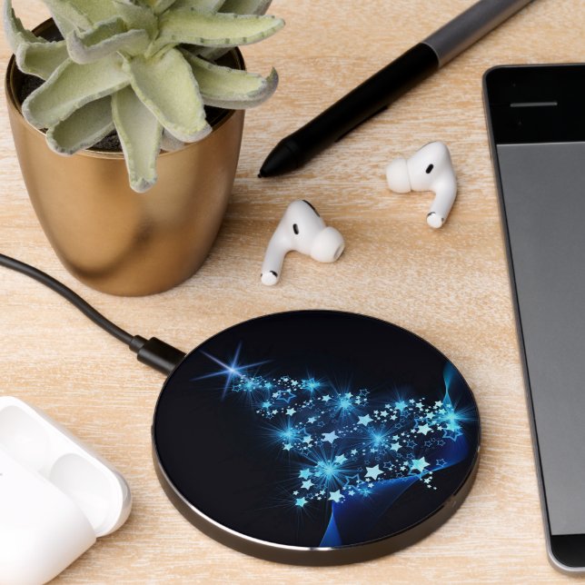Blue Shine of Stars on Christmas Tree Dark  Wireless Charger (Desk 2)