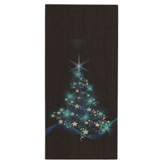 Blue Shine of Stars on Christmas Tree Dark Wood Flash Drive