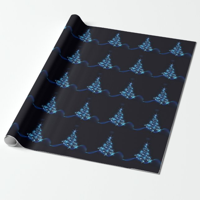 Blue Shine of Stars on Christmas Tree Dark  Wrapping Paper (Unrolled)