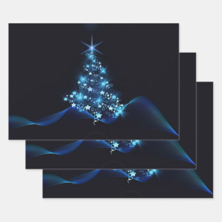 Blue Shine of Stars on Christmas Tree Dark Wrapping Paper Sheets