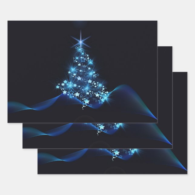 Blue Shine of Stars on Christmas Tree Dark  Wrapping Paper Sheets (Set)