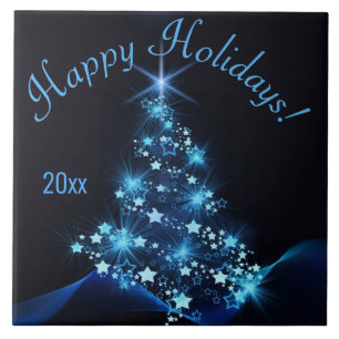 Blue Shine of Stars on Christmas Tree Dark Year Ceramic Tile