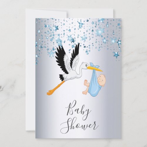 Blue shining stars silver stork boy baby shower invitation