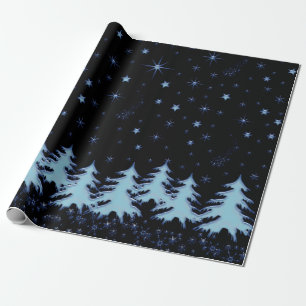 Blue shiny Christmas trees and stars on night sky Wrapping Paper
