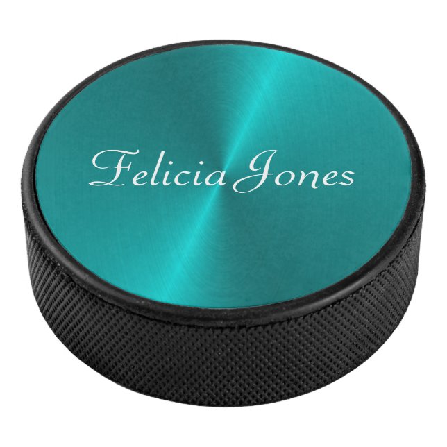 Blue shiny faux metal monogram hockey puck (3/4)