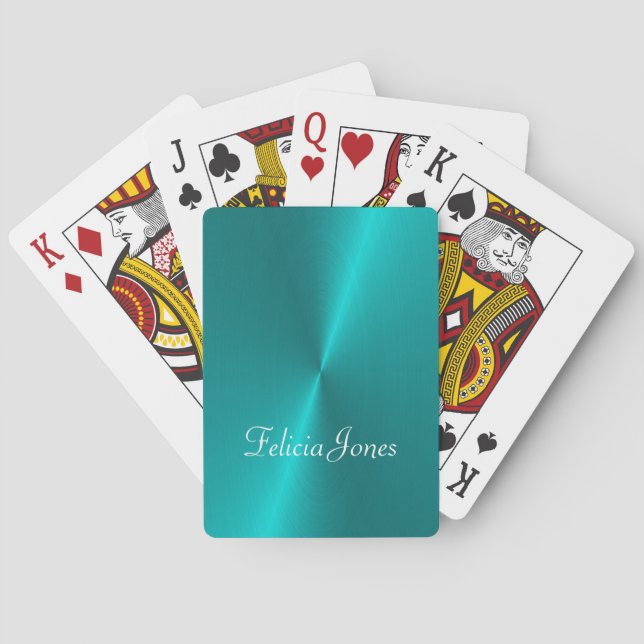 Blue shiny faux metal monogram poker cards (Back)