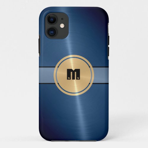 Blue Shiny Stainless Steel Metal and Gold Button 2 iPhone 11 Case
