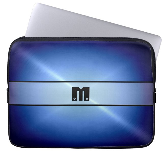 Blue Shiny Stainless Steel Metal Laptop Sleeve (Front)