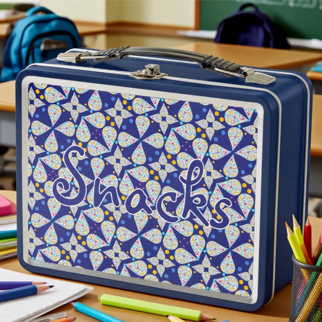 Blue Shiny Teardrop With Text Metal Lunch Box (For snackers who like to stand out. School, office or play, it fits anywhere.)