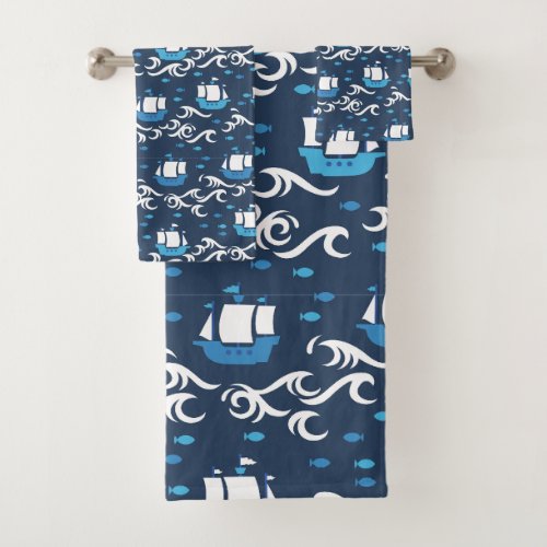 Blue Ship Voyage in the Sea Pattern II Bath Towel Set