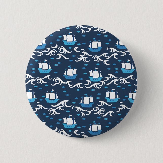 Blue Ship Voyage in the Sea Pattern II Button (Front)