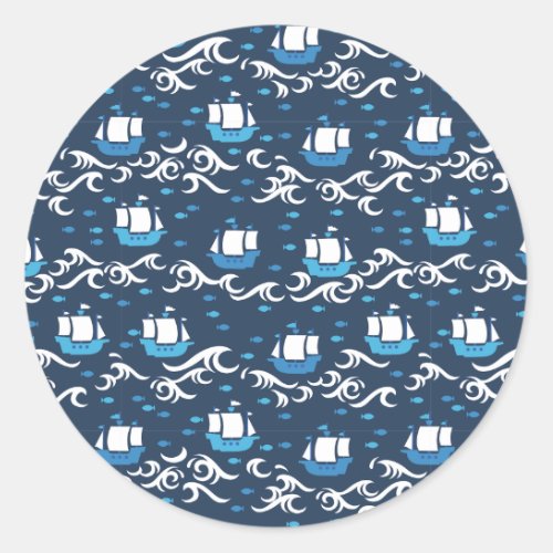 Blue Ship Voyage in the Sea Pattern II Classic Round Sticker
